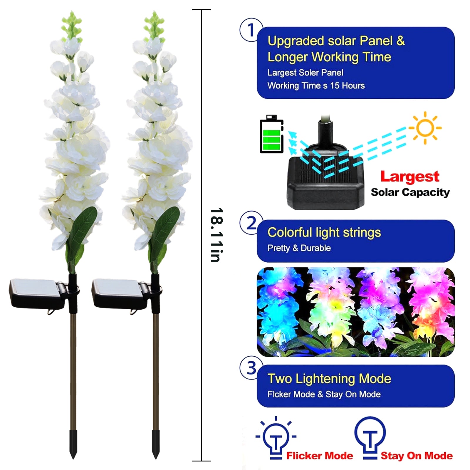 A set of two solar powered integrated LED landscape lights designed to resemble real flowers, illuminating a garden at night.