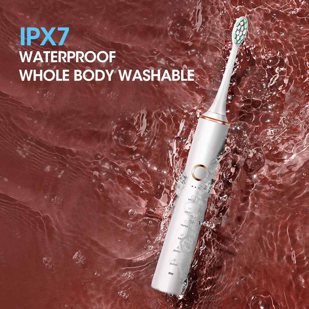 Sonic Electric Toothbrush with multiple brush heads and USB charging cable, designed for effective dental care for adults and children.