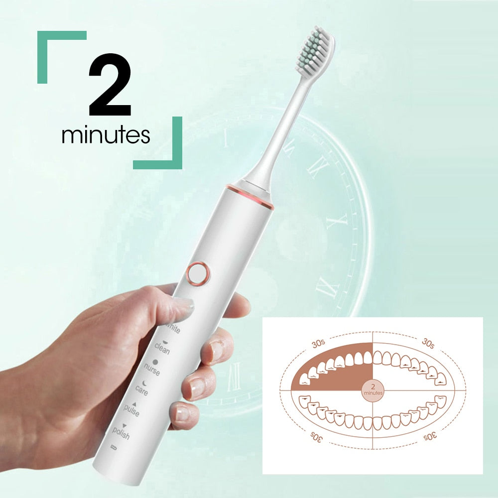 Sonic Electric Toothbrush with multiple brush heads and USB charging cable, designed for effective dental care for adults and children.