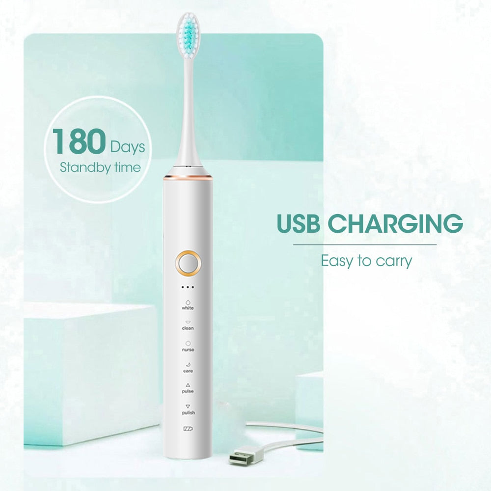 Sonic Electric Toothbrush with multiple brush heads and USB charging cable, designed for effective dental care for adults and children.