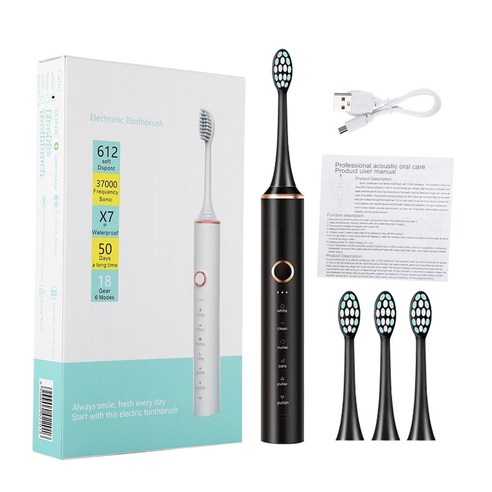 Sonic Electric Toothbrush with multiple brush heads and USB charging cable, designed for effective dental care for adults and children.