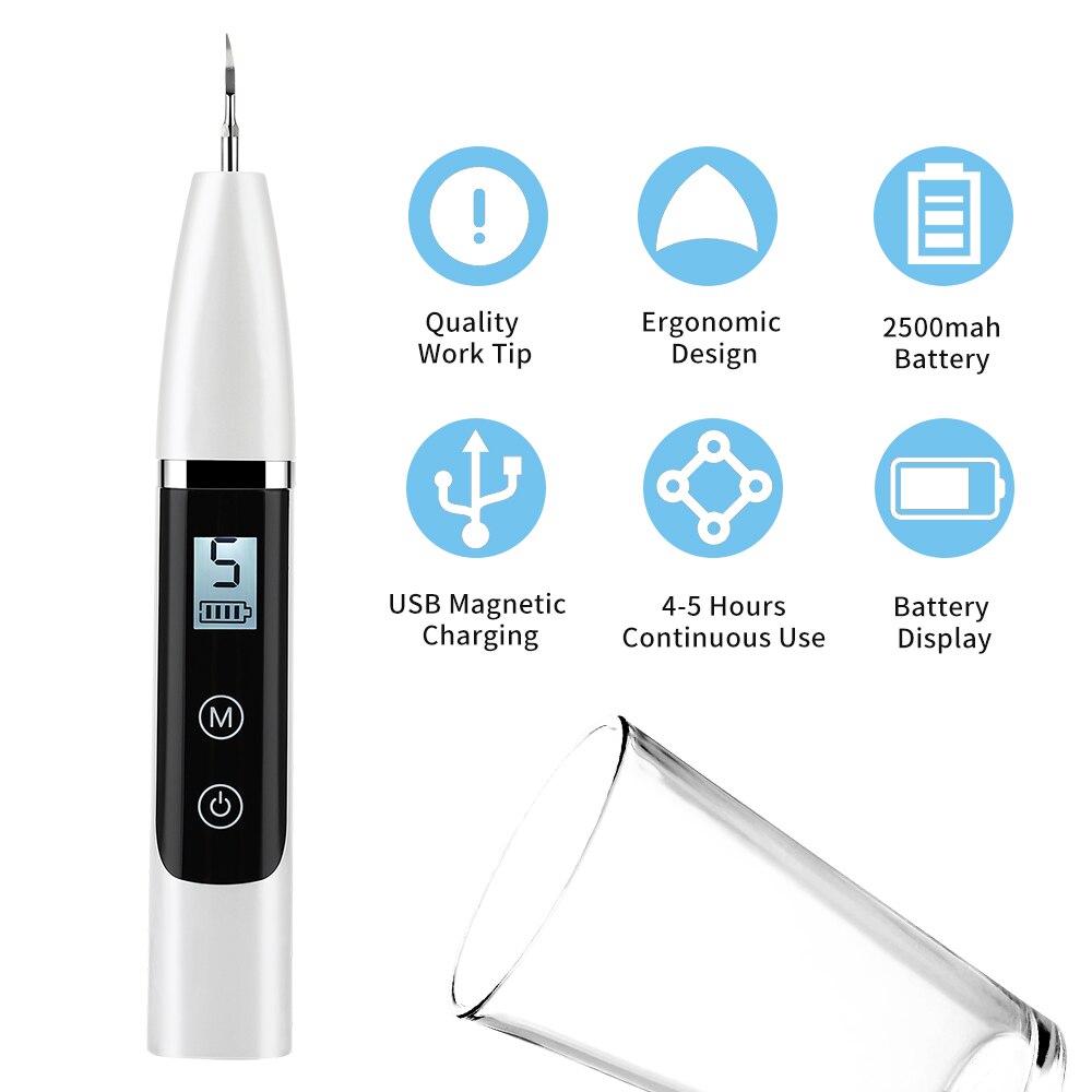 Sonic Tartar Calculus Remover with multiple cleaning tips and USB charging cable, designed for effective dental care.