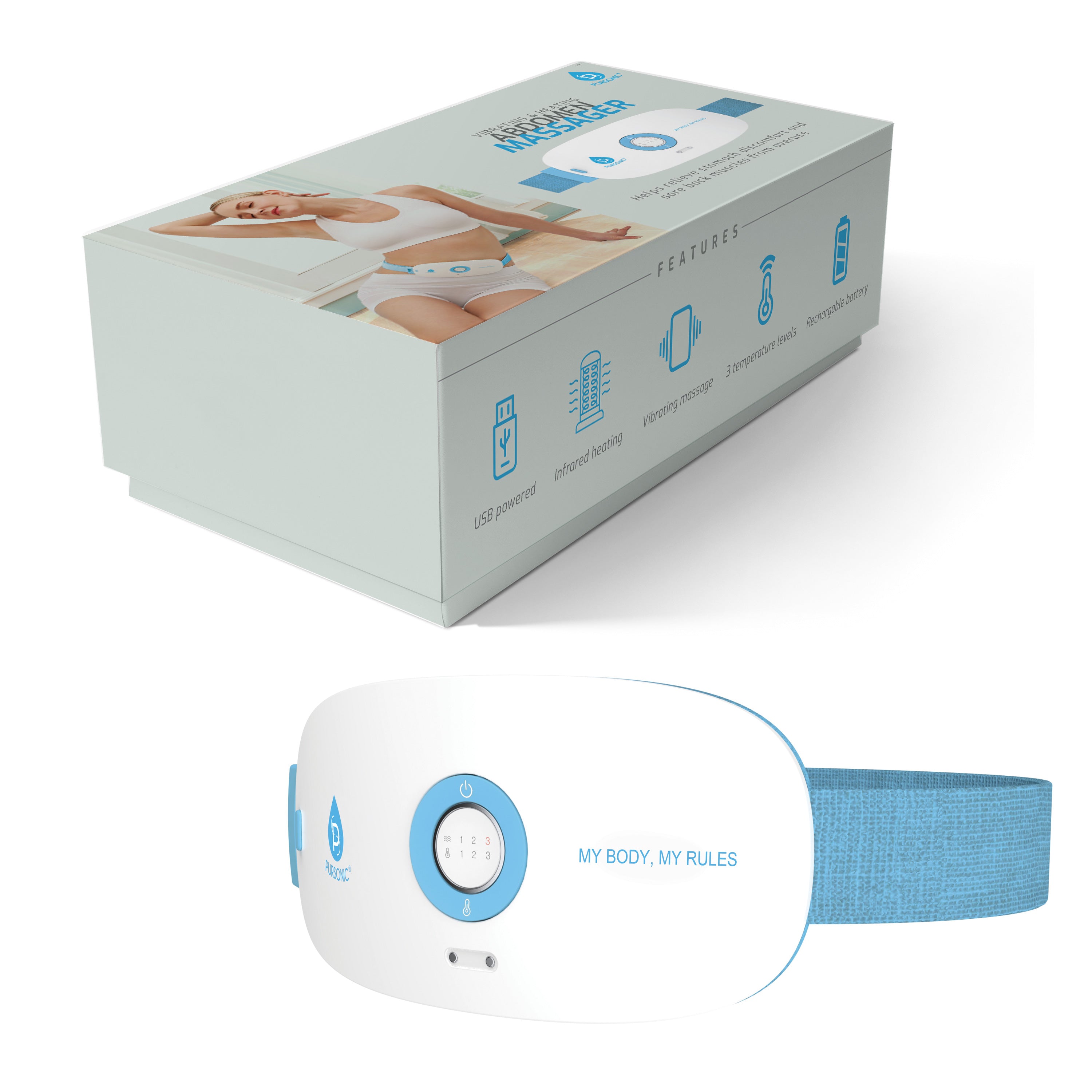 Stomach and Back Massager with USB charging, showcasing its ergonomic design and adjustable settings for comfort and relief.