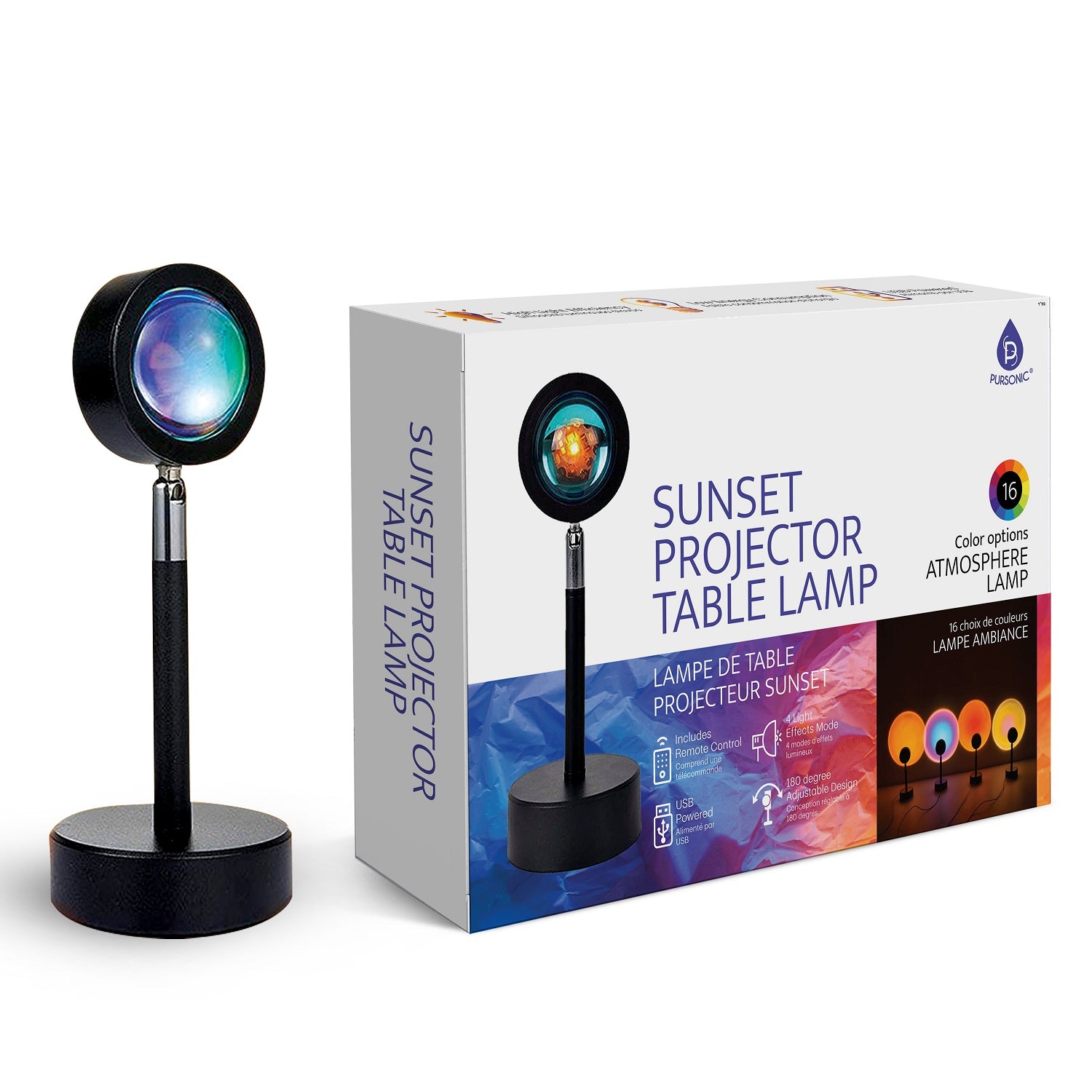 A stylish Sunset Projector Table Lamp casting vibrant sunset colors in a cozy room setting, showcasing its adjustable design and remote control.