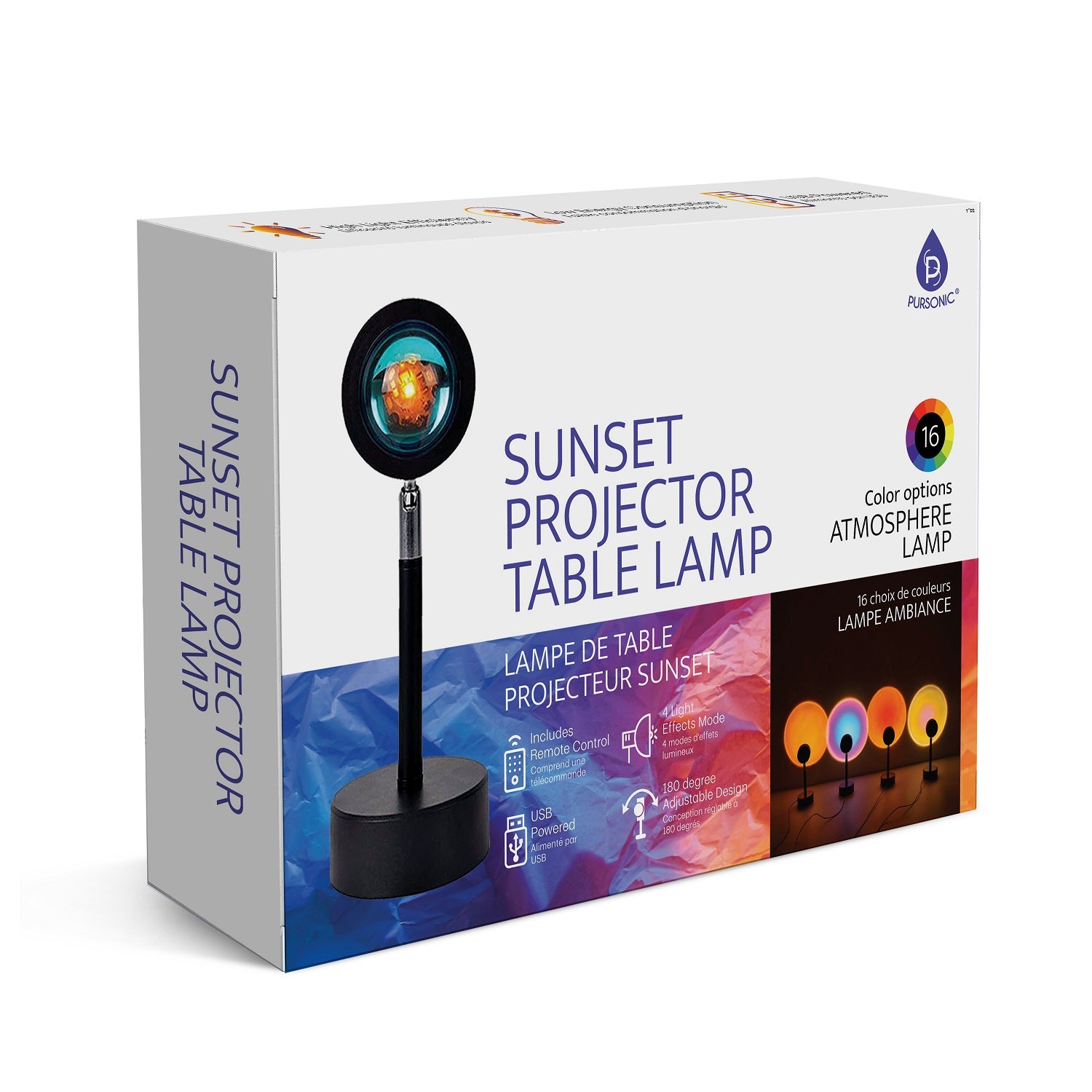 A stylish Sunset Projector Table Lamp casting vibrant sunset colors in a cozy room setting, showcasing its adjustable design and remote control.