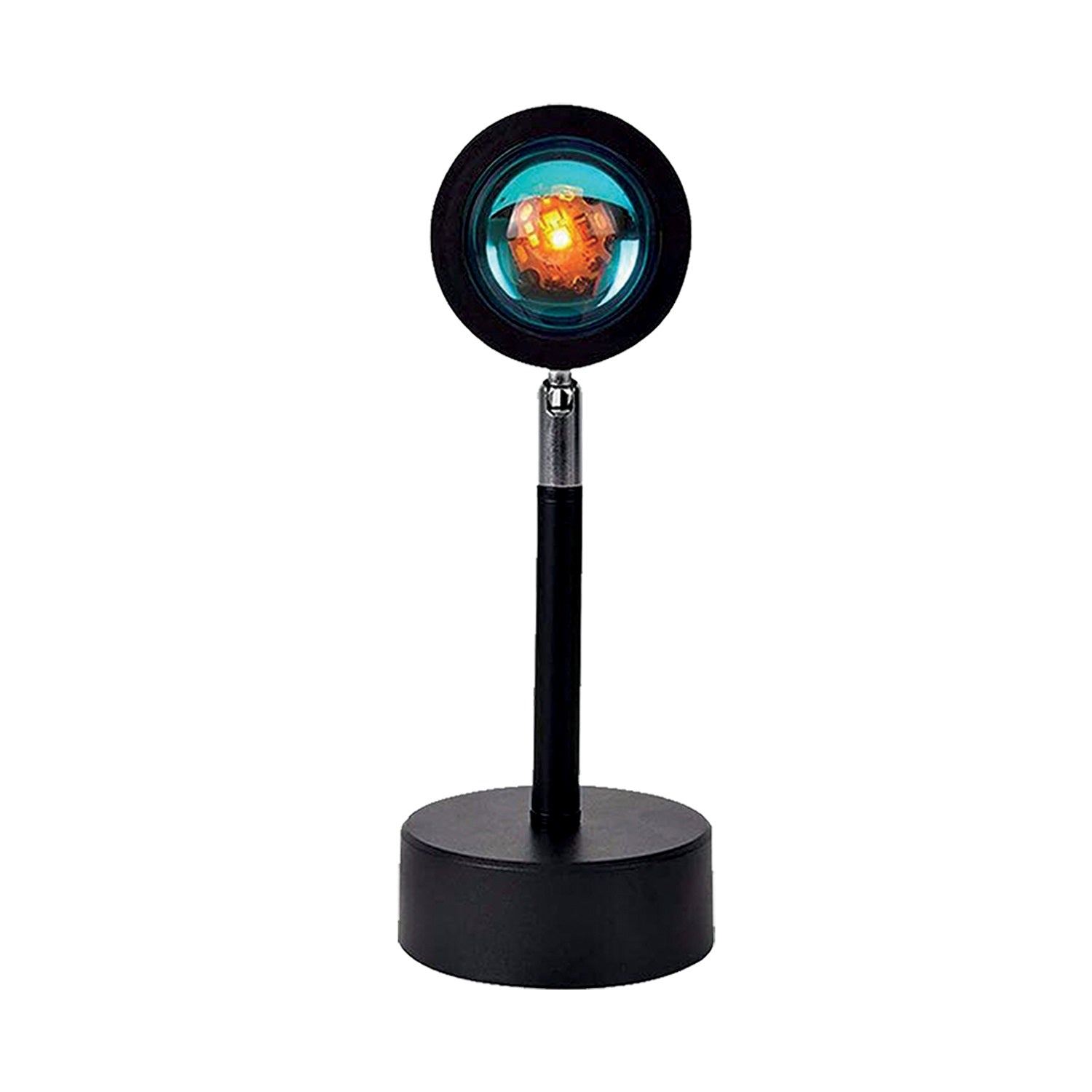 A stylish Sunset Projector Table Lamp casting vibrant sunset colors in a cozy room setting, showcasing its adjustable design and remote control.