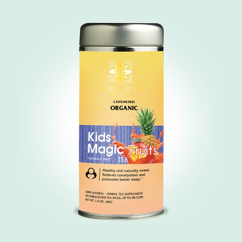 A vibrant package of USDA Organic Tea for Kids featuring a blend of peppermint, chamomile, rooibos, fennel, and licorice root.