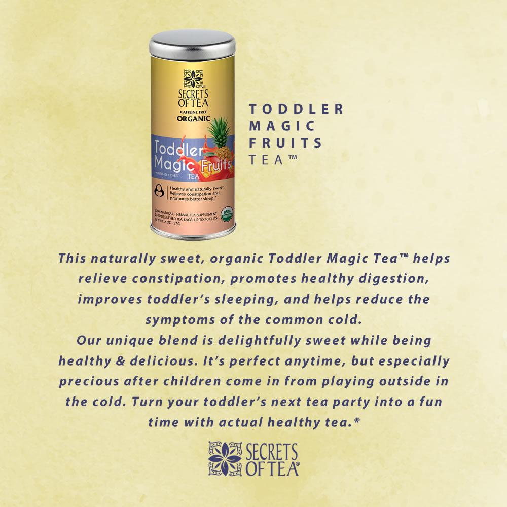 A vibrant package of USDA Organic Tea for Kids featuring a blend of peppermint, chamomile, rooibos, fennel, and licorice root.