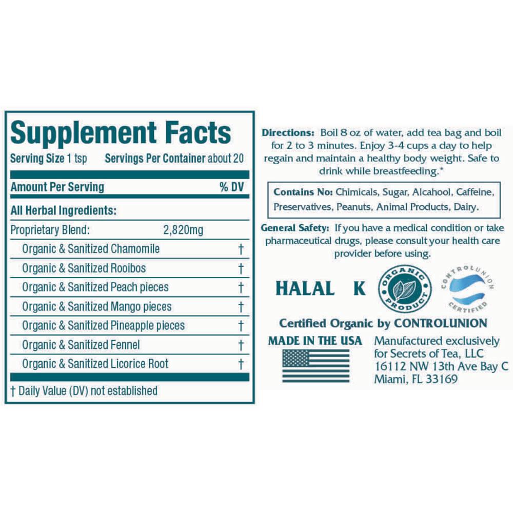 A vibrant package of USDA Organic Tea for Kids featuring a blend of peppermint, chamomile, rooibos, fennel, and licorice root.