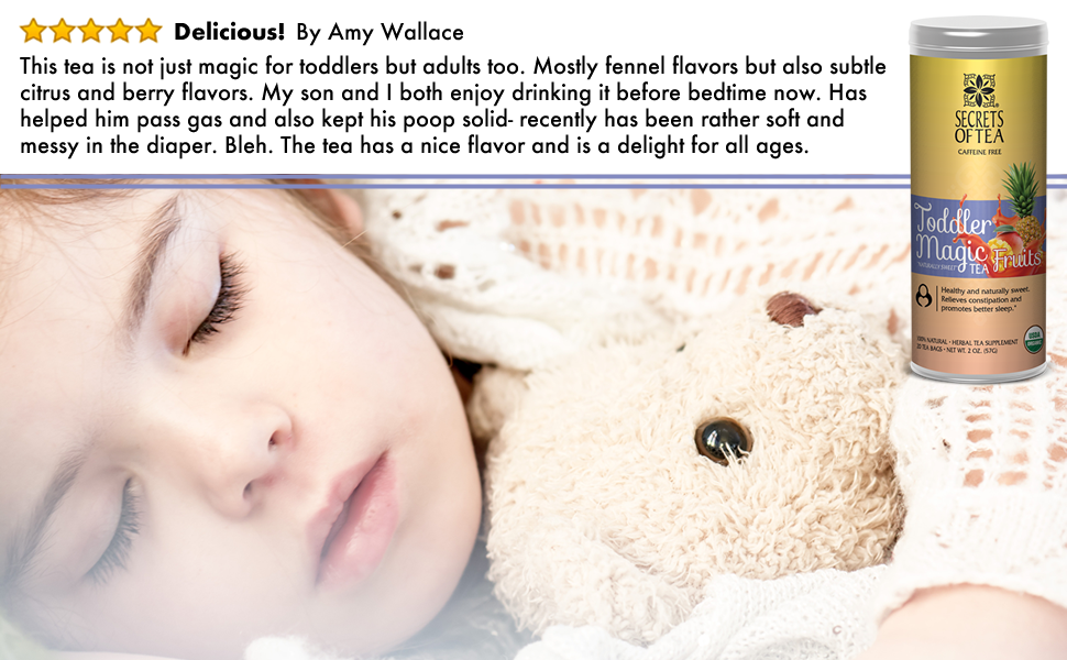 A vibrant package of USDA Organic Tea for Kids featuring a blend of peppermint, chamomile, rooibos, fennel, and licorice root.