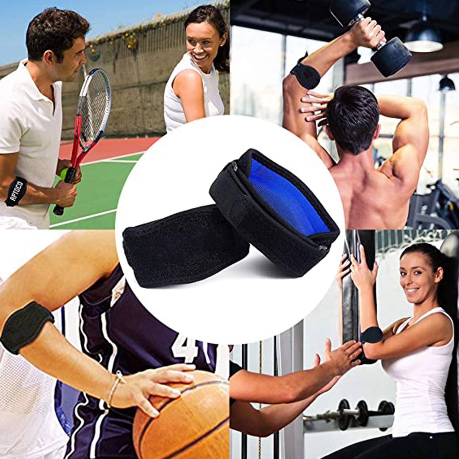 Tennis Elbow & Golfers Armband Support Strap in black and blue, designed for effective pain relief and support.