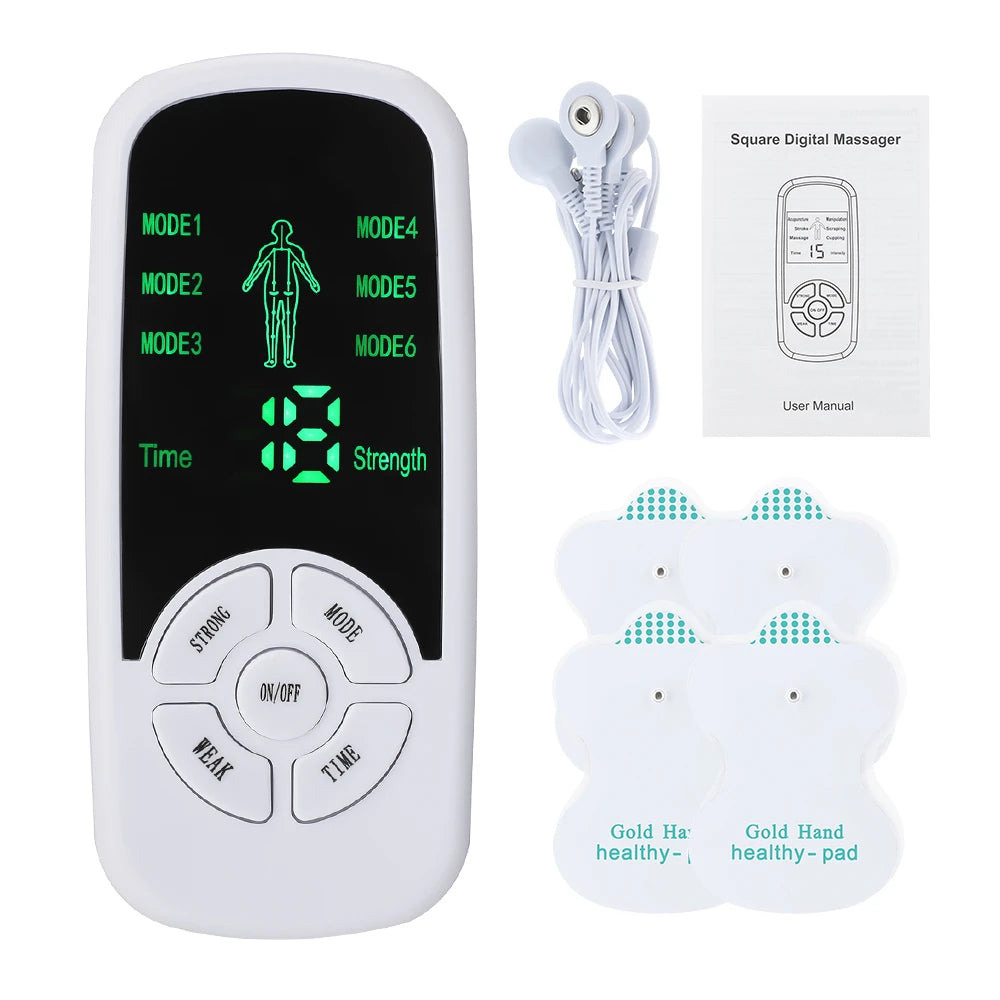 Tens Muscle Stimulator with LCD screen and electrode patches, designed for muscle relief and relaxation.