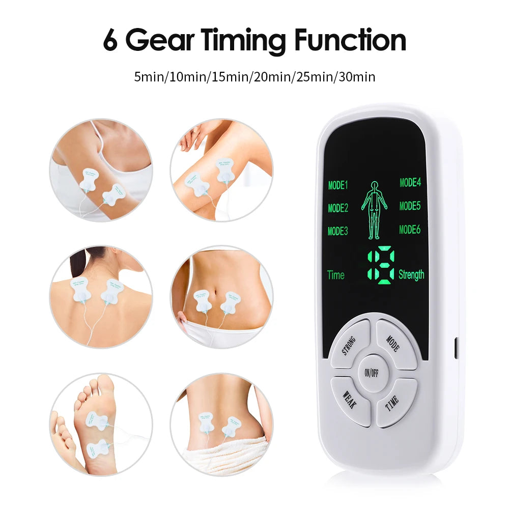 Tens Muscle Stimulator with LCD screen and electrode patches, designed for muscle relief and relaxation.