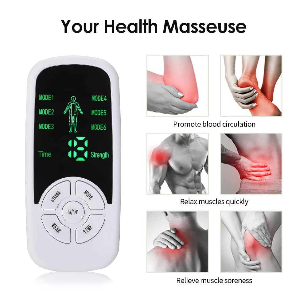 Tens Muscle Stimulator with LCD screen and electrode patches, designed for muscle relief and relaxation.