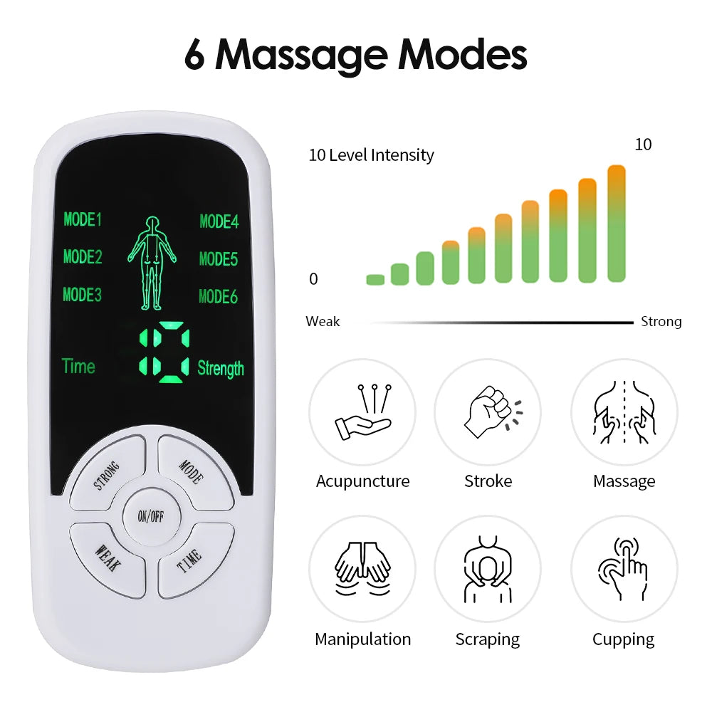 Tens Muscle Stimulator with LCD screen and electrode patches, designed for muscle relief and relaxation.