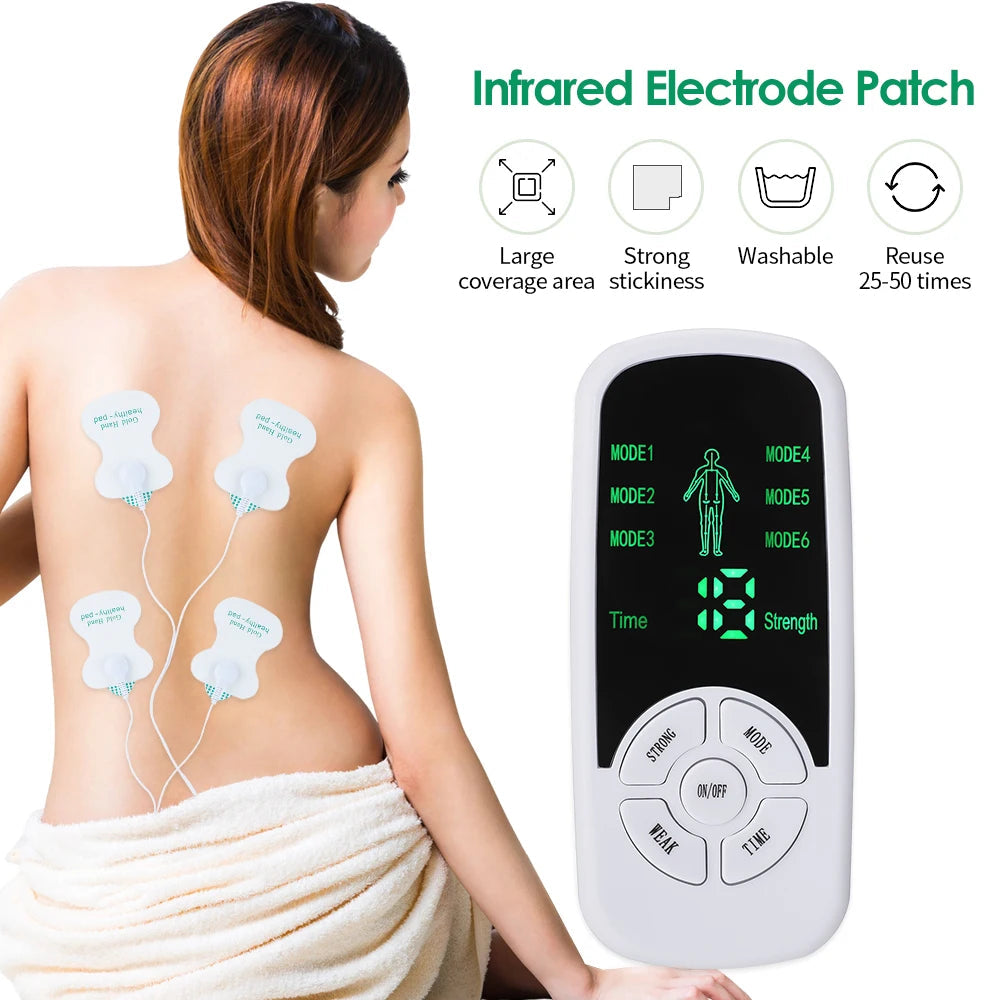 Tens Muscle Stimulator with LCD screen and electrode patches, designed for muscle relief and relaxation.