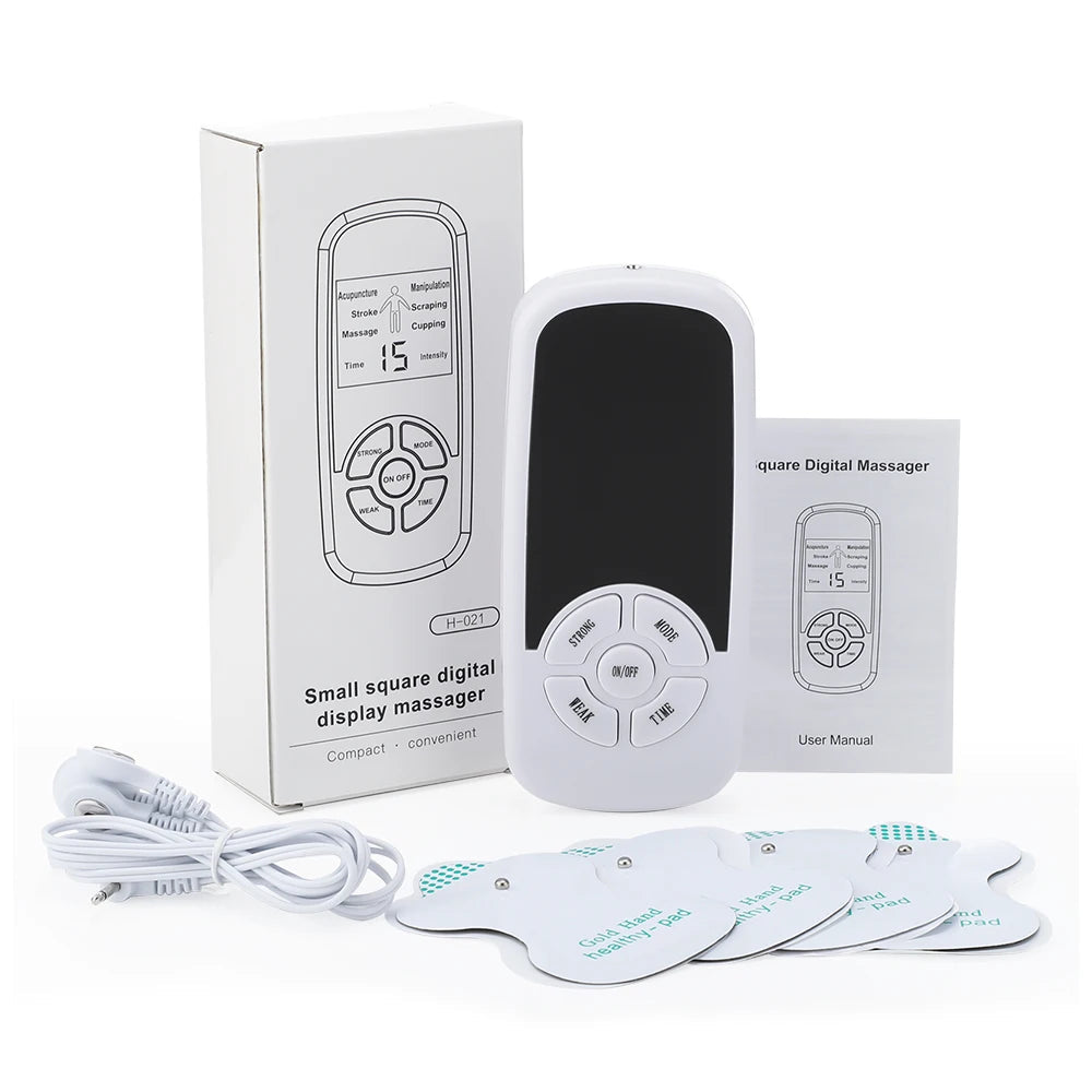 Tens Muscle Stimulator with LCD screen and electrode patches, designed for muscle relief and relaxation.