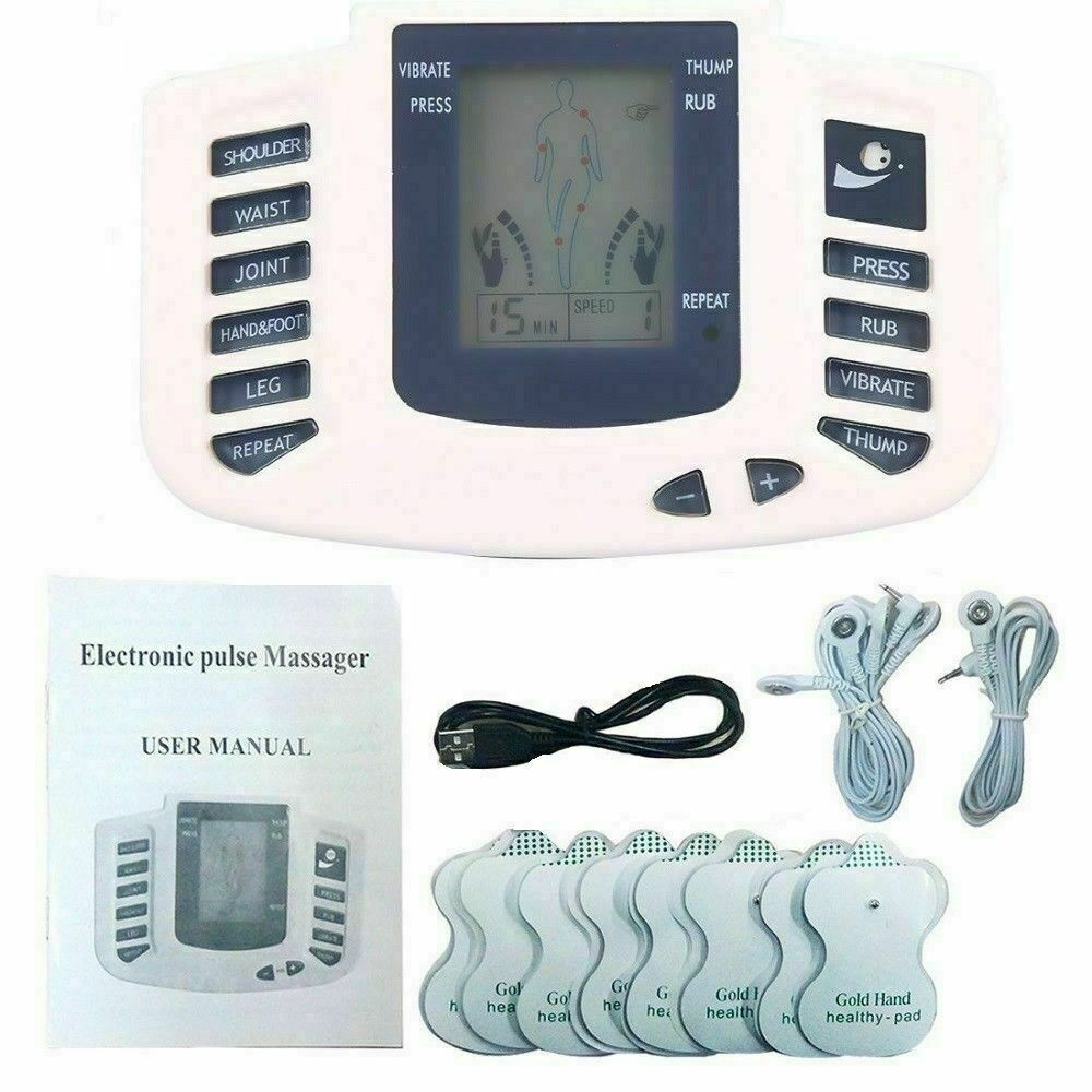 Tens Unit Electronic Pulse Massager with digital display and electrode pads for muscle stimulation and pain relief.