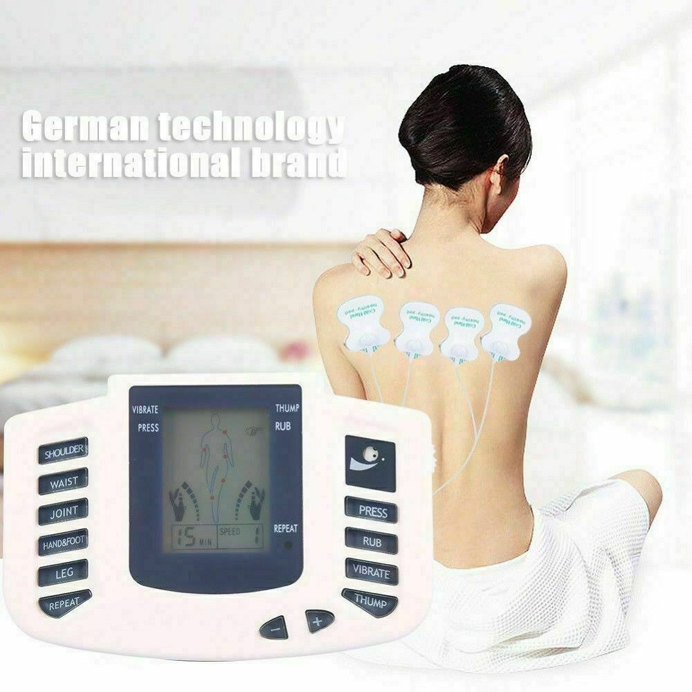 Tens Unit Electronic Pulse Massager with digital display and electrode pads for muscle stimulation and pain relief.
