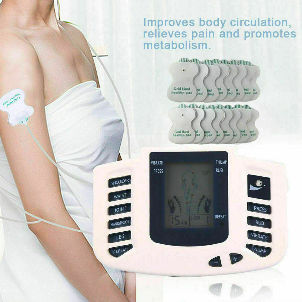 Tens Unit Electronic Pulse Massager with digital display and electrode pads for muscle stimulation and pain relief.