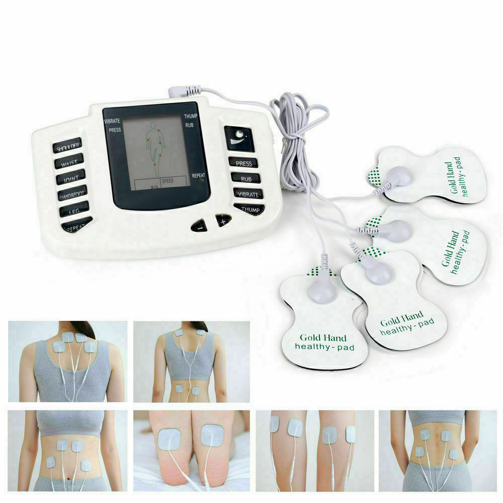 Tens Unit Electronic Pulse Massager with digital display and electrode pads for muscle stimulation and pain relief.