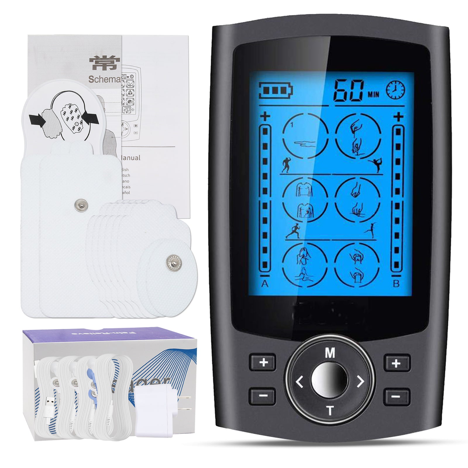 TENS Unit Muscle Stimulator with electrode pads and user manual, designed for effective pain relief and muscle relaxation.