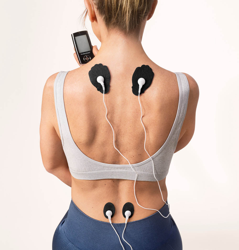 TENS-EMS Electro Therapy device with gel pads and electrodes for pain relief and muscle recovery.