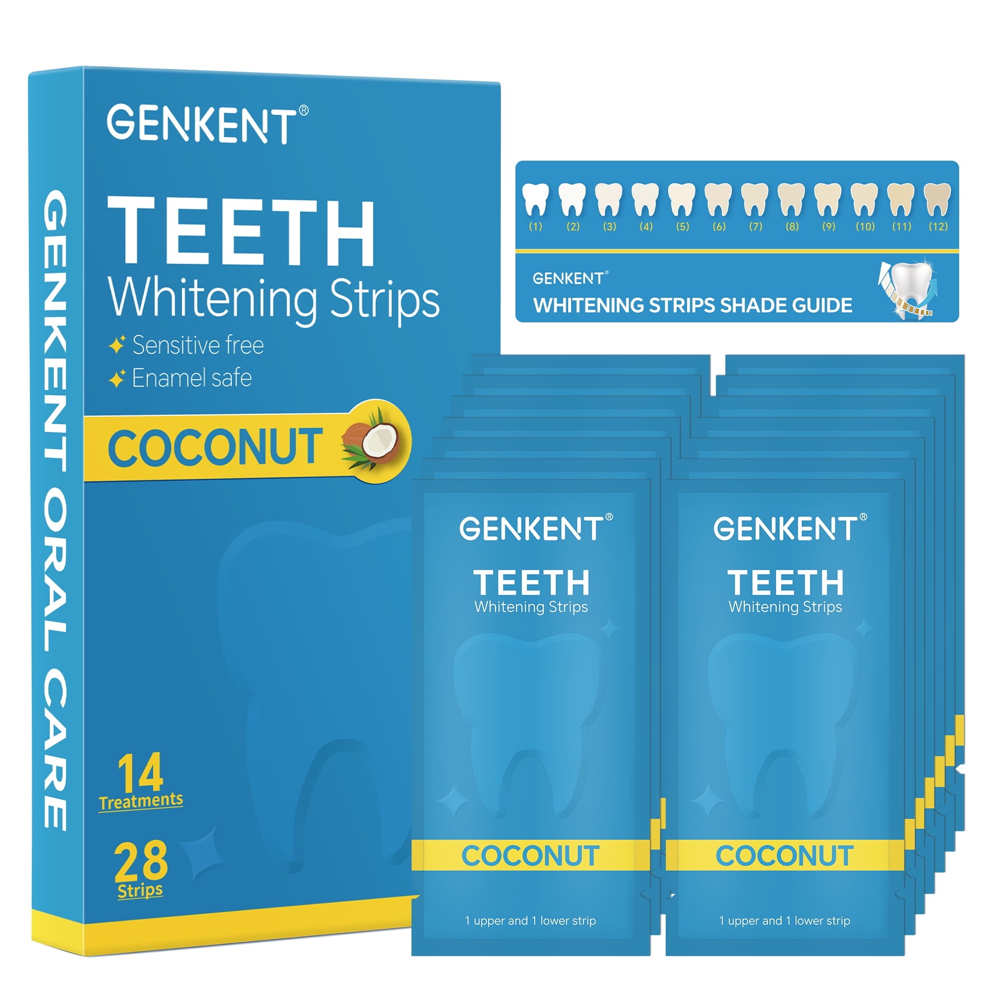 Teeth whitening strips package containing 28 strips for non-sensitive teeth whitening treatment, featuring a coconut flavor.