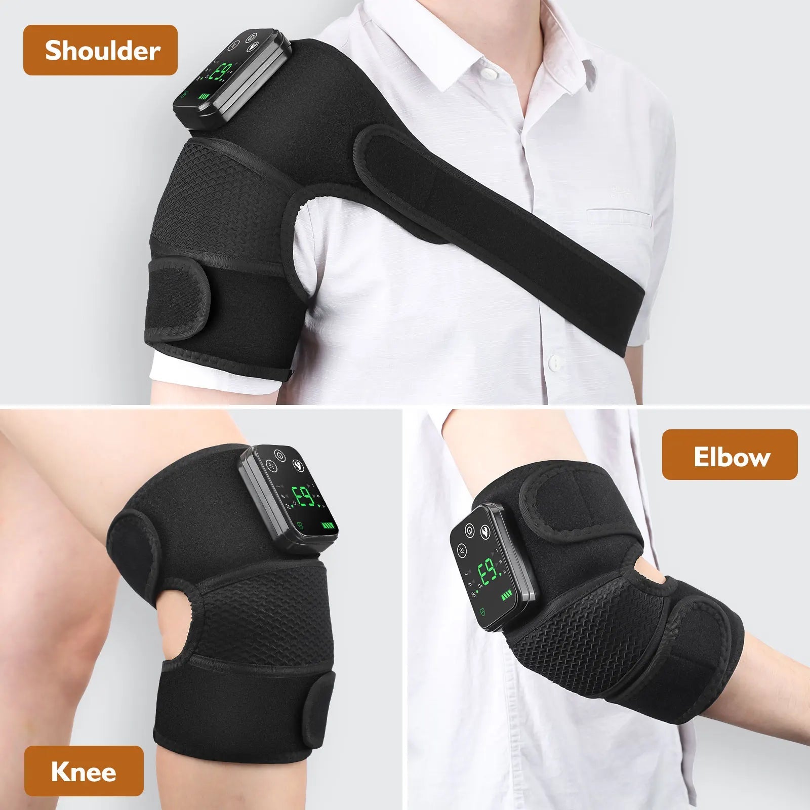 Thermal Knee Massager showcasing its sleek design and digital display controller, ideal for heating and massage therapy for shoulders, knees, and elbows.
