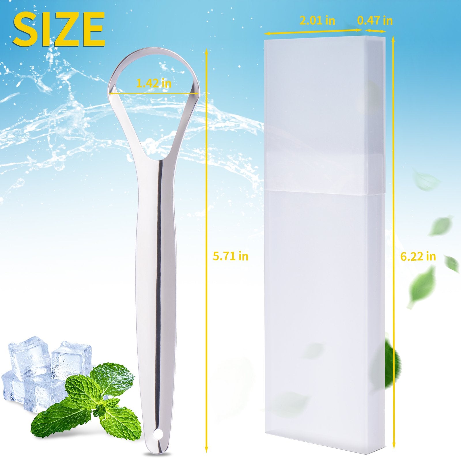 Stainless steel tongue scraper with travel case in silver and rose gold colors, designed for effective oral care and bad breath prevention.