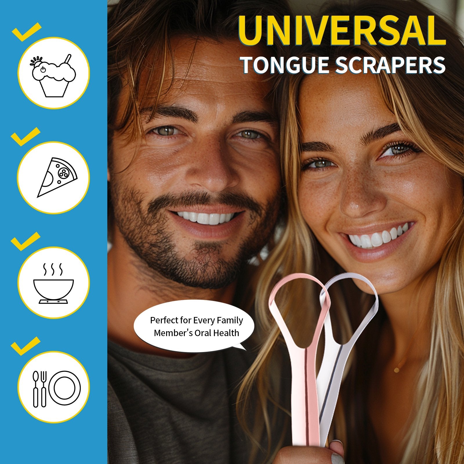 Stainless steel tongue scraper with travel case in silver and rose gold colors, designed for effective oral care and bad breath prevention.