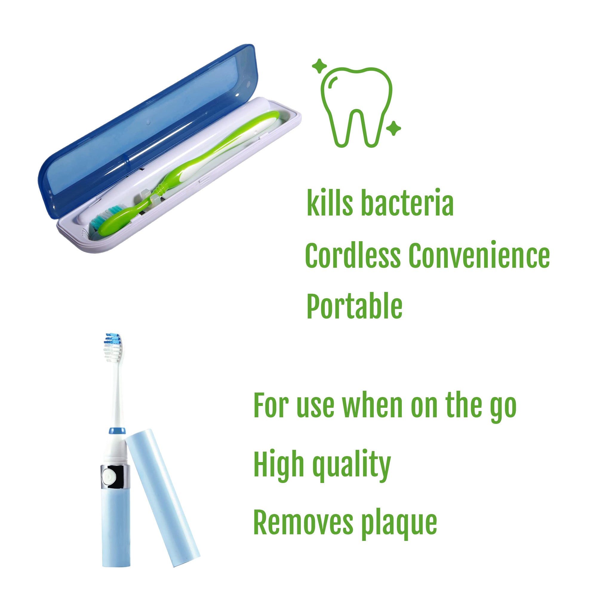 Travel Oral Care Essentials Bundle featuring a Portable UV Toothbrush Sanitizer and a Portable Sonic Toothbrush, designed for hygiene and convenience.
