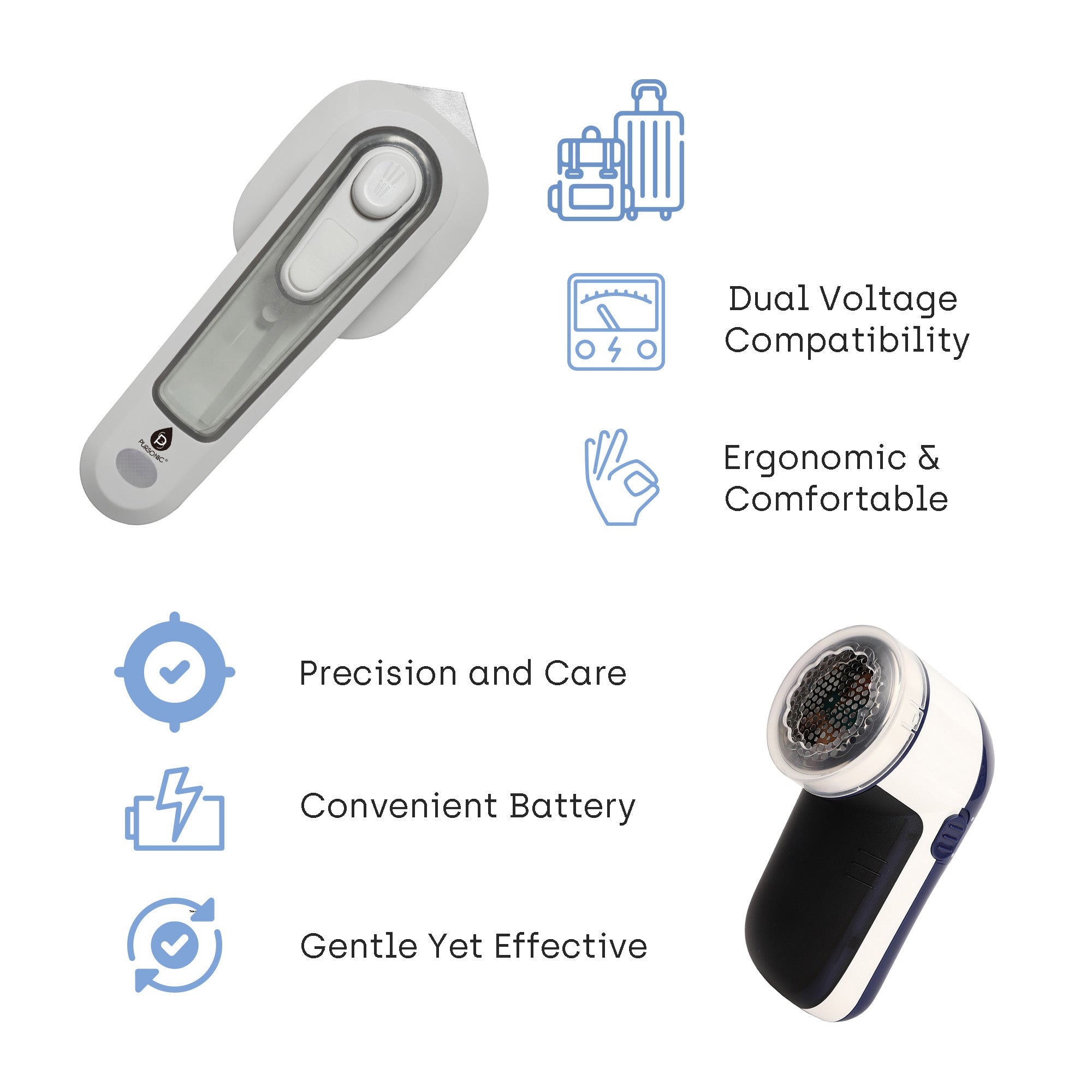 Travel-Ready Garment Grooming Kit featuring a compact lint remover and fabric shaver, designed for efficient fabric care on the go.