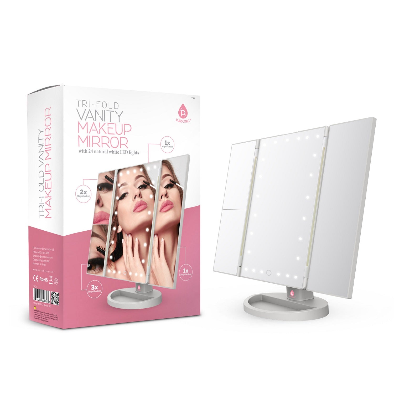Tri-Fold Vanity Makeup Mirror with three panels and natural daylight LEDs, showcasing its adjustable design and sturdy base.