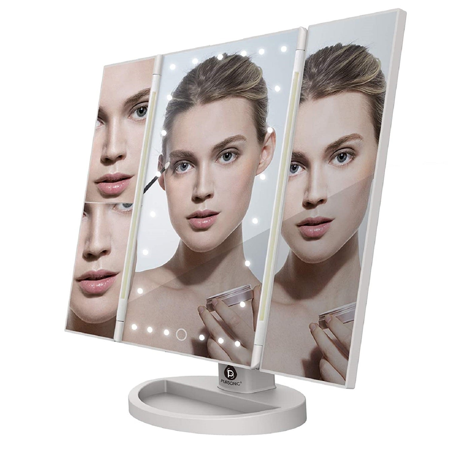 Tri-Fold Vanity Makeup Mirror with three panels and natural daylight LEDs, showcasing its adjustable design and sturdy base.