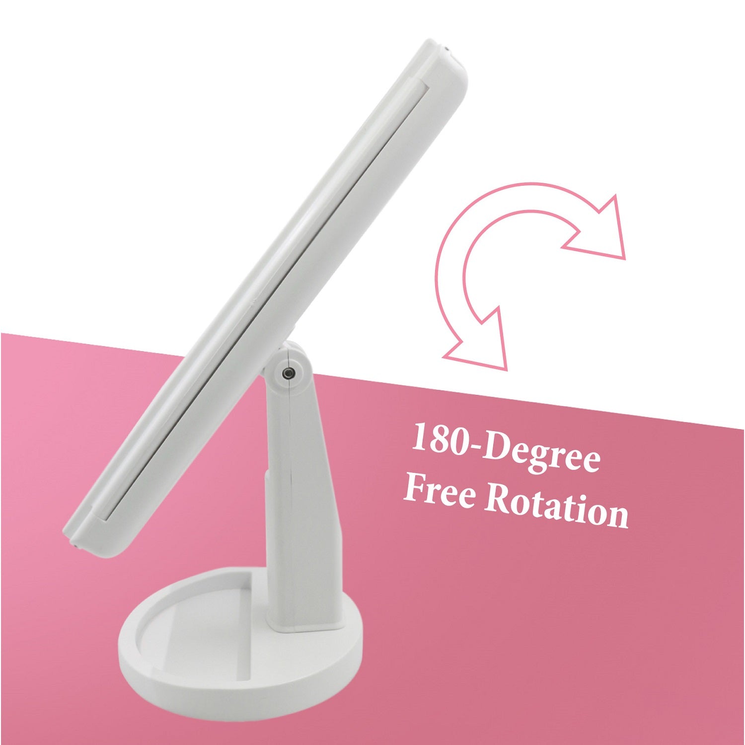 Tri-Fold Vanity Makeup Mirror with three panels and natural daylight LEDs, showcasing its adjustable design and sturdy base.