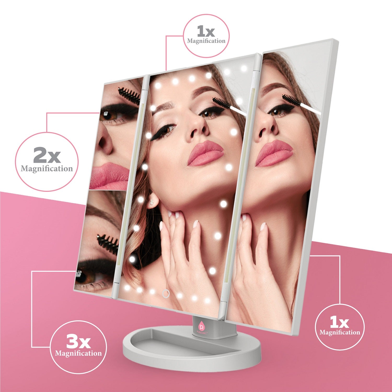 Tri-Fold Vanity Makeup Mirror with three panels and natural daylight LEDs, showcasing its adjustable design and sturdy base.