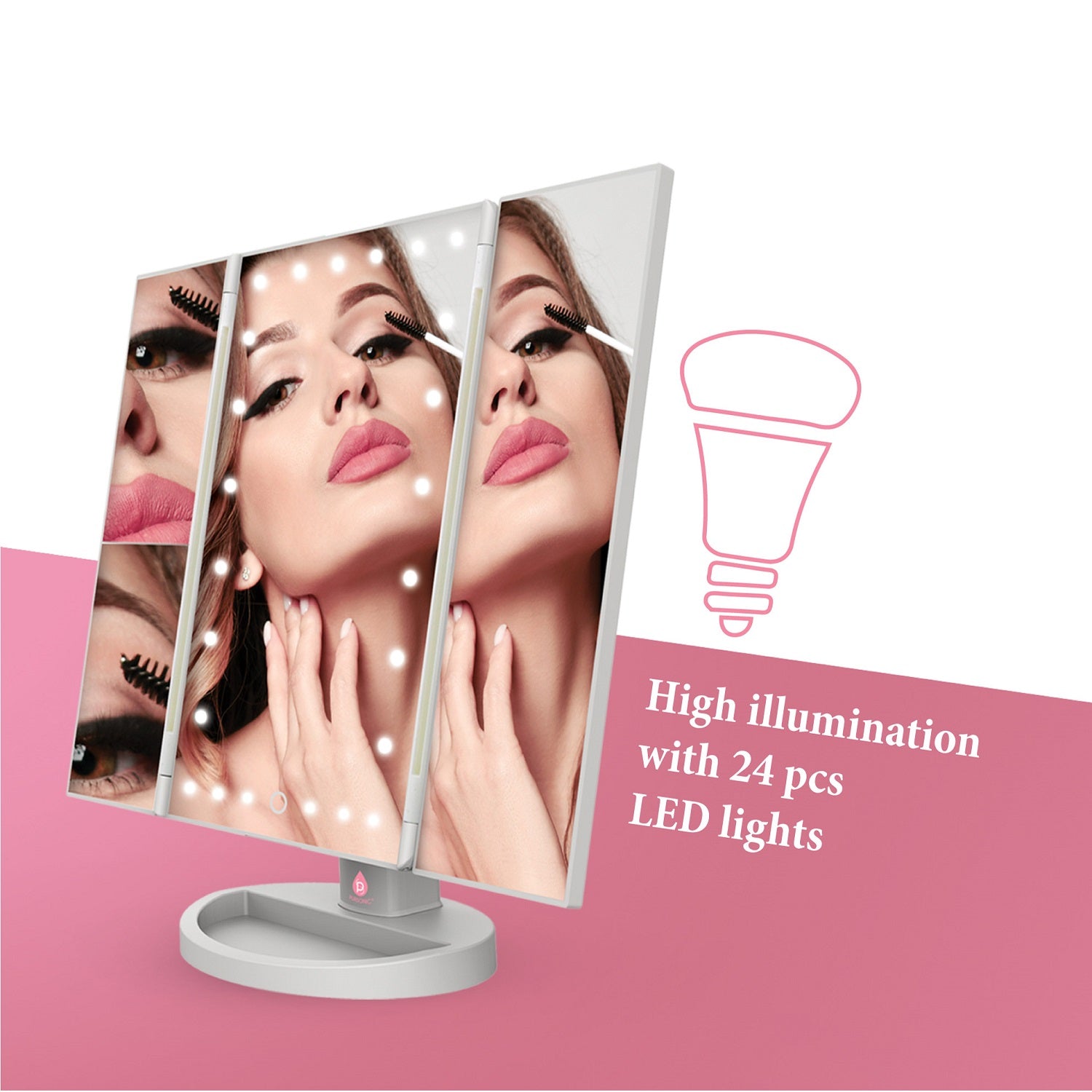 Tri-Fold Vanity Makeup Mirror with three panels and natural daylight LEDs, showcasing its adjustable design and sturdy base.