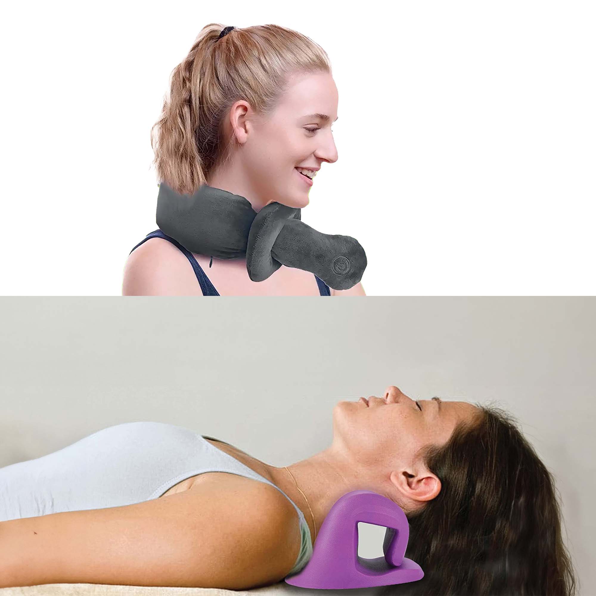 Ultimate Neck & Shoulder Relaxation Bundle featuring a massaging wrap and a neck stretcher, designed for comfort and relaxation.