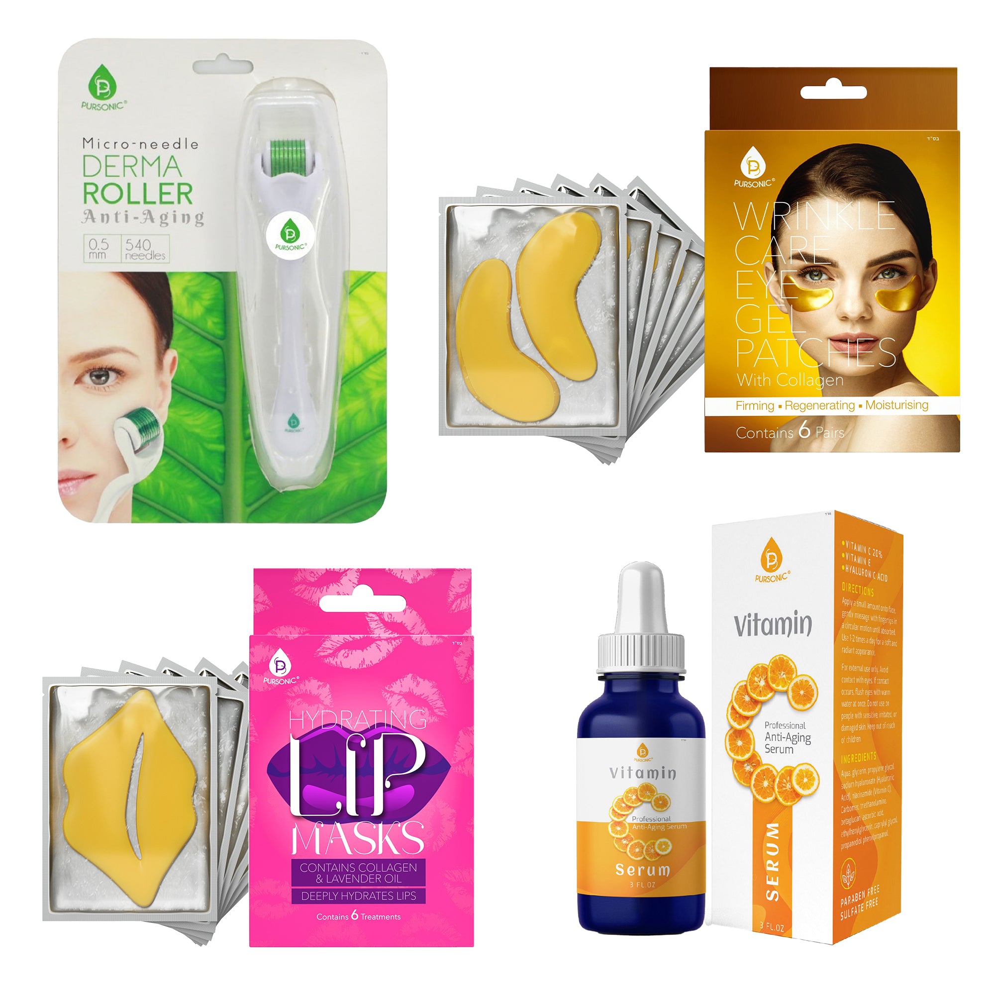 Ultimate Skincare Bundle featuring Vitamin C Serum, Wrinkle Care Eye Gel Patches, Hydrating Lip Masks, and Micro Needle Derma Roller, all in elegant packaging.