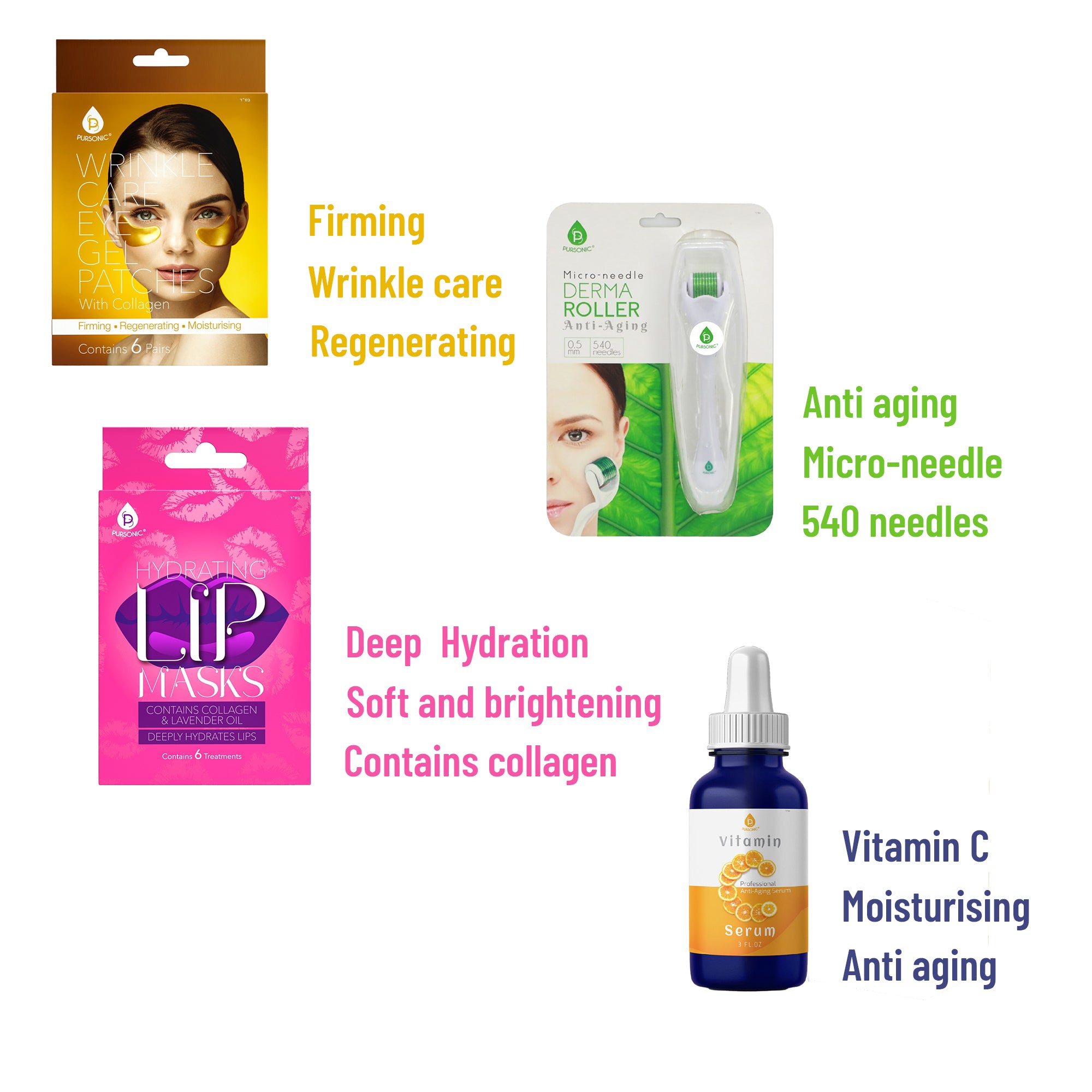 Ultimate Skincare Bundle featuring Vitamin C Serum, Wrinkle Care Eye Gel Patches, Hydrating Lip Masks, and Micro Needle Derma Roller, all in elegant packaging.