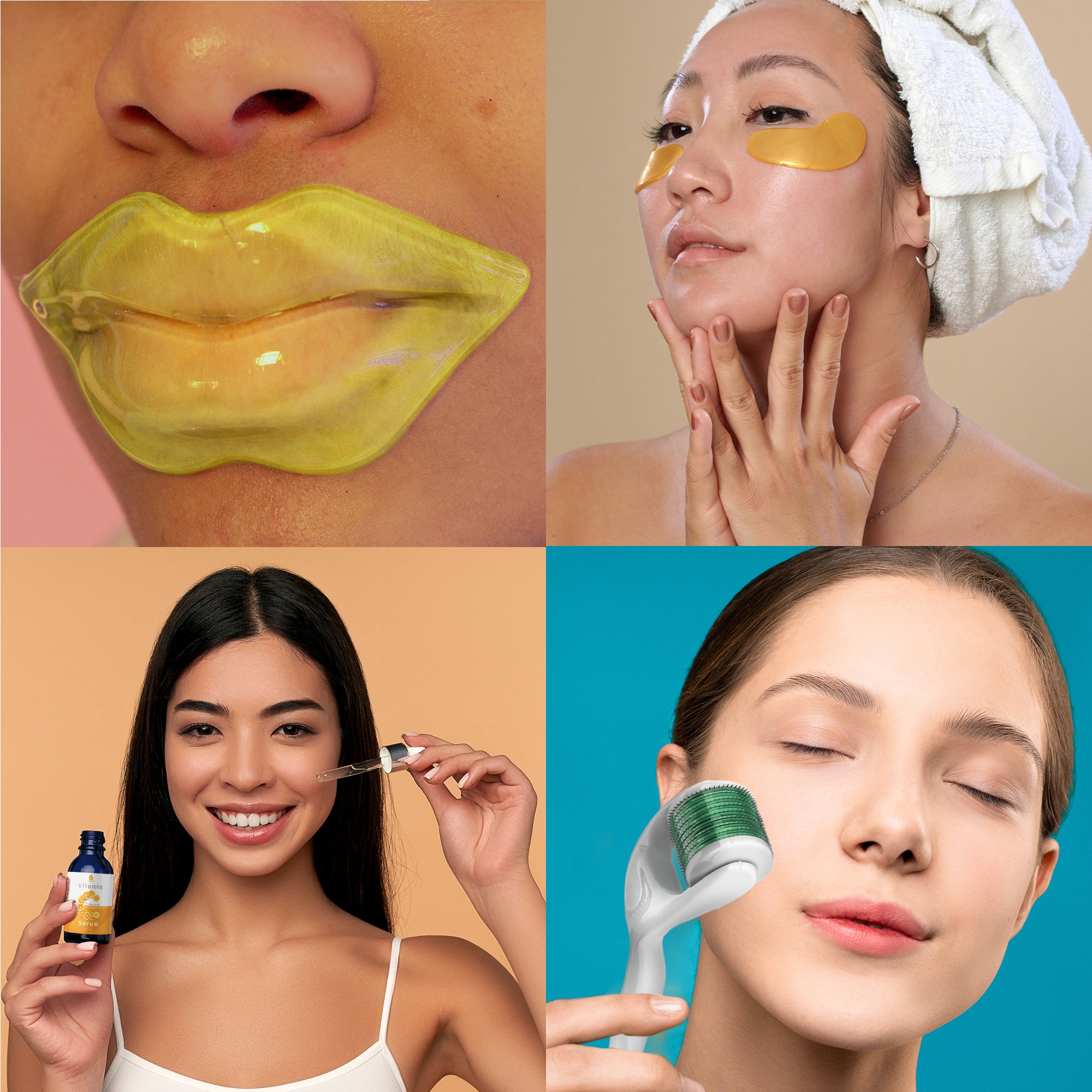 Ultimate Skincare Bundle featuring Vitamin C Serum, Wrinkle Care Eye Gel Patches, Hydrating Lip Masks, and Micro Needle Derma Roller, all in elegant packaging.