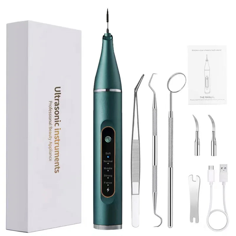 Ultrasonic Dental Scaler with various attachments for effective teeth cleaning, showcasing its sleek design and user-friendly features.