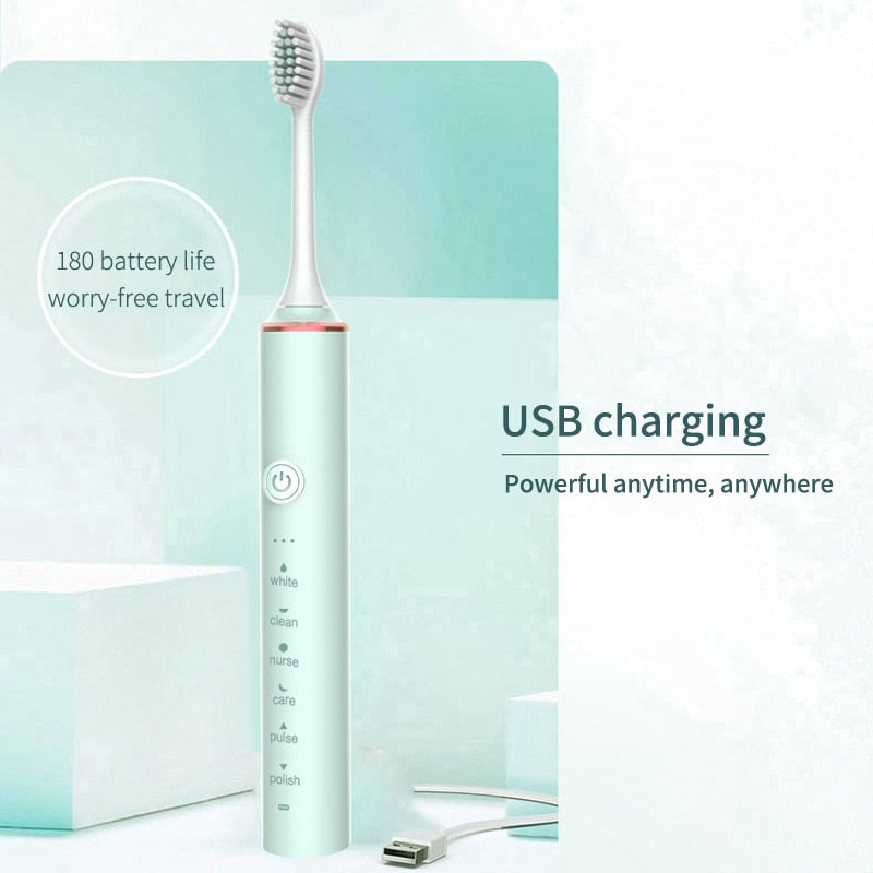 Ultrasonic Electric Toothbrush with USB charging, featuring multiple modes and waterproof design, ideal for adults seeking effective oral hygiene.
