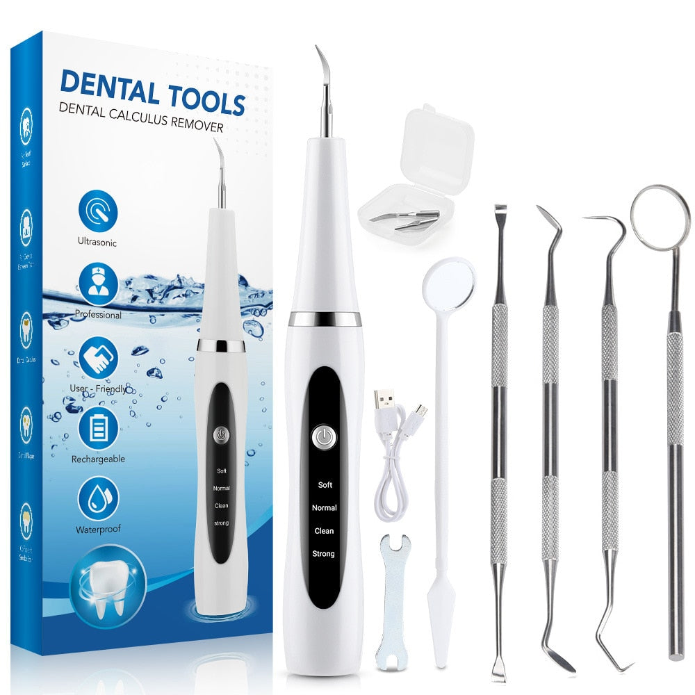 Ultrasonic Teeth Cleaner Electric Dental Plaque Remover with USB charging and multiple tips for effective dental care.