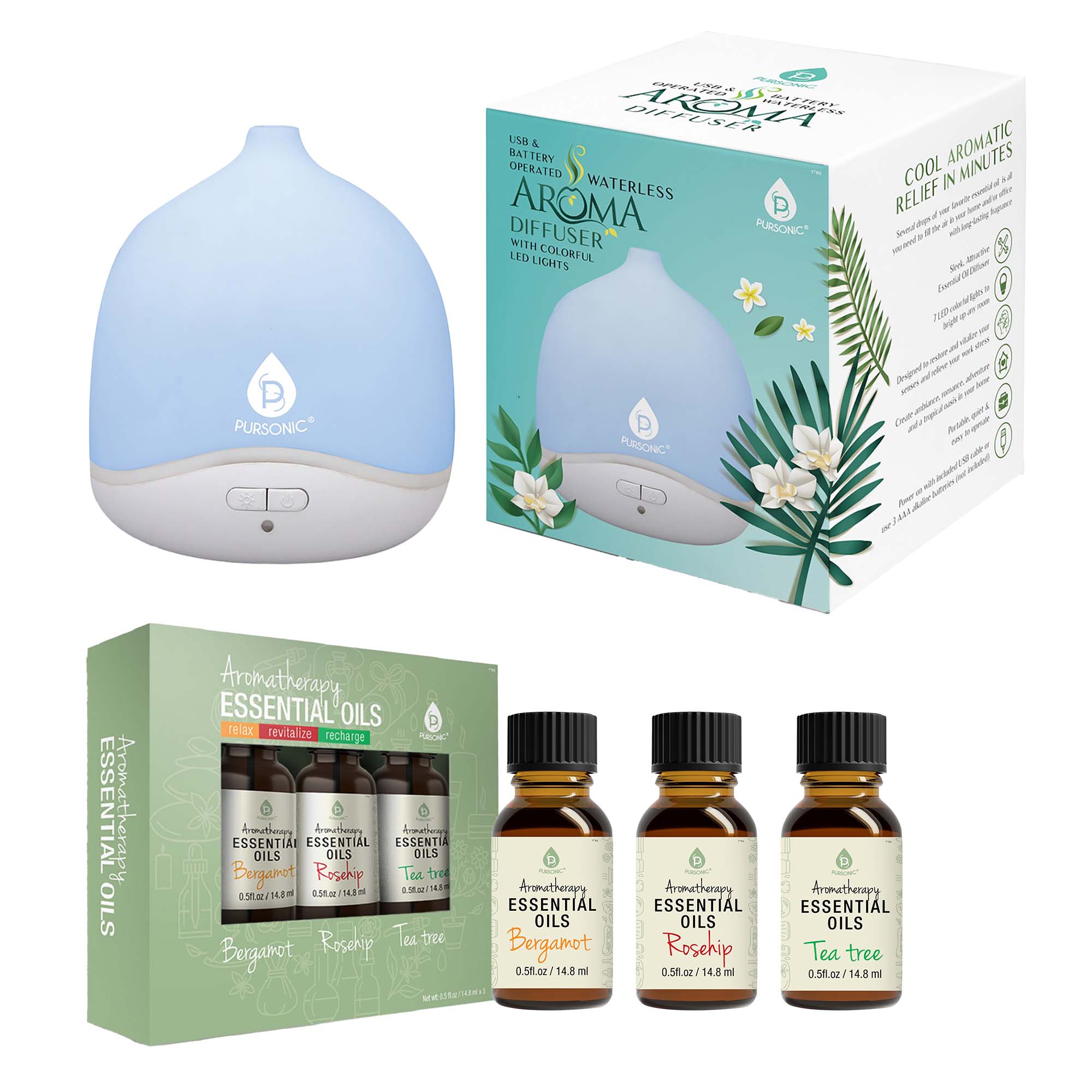 USB & Battery Operated Waterless Aroma Diffuser with colorful LED lights and essential oils for aromatherapy relaxation.