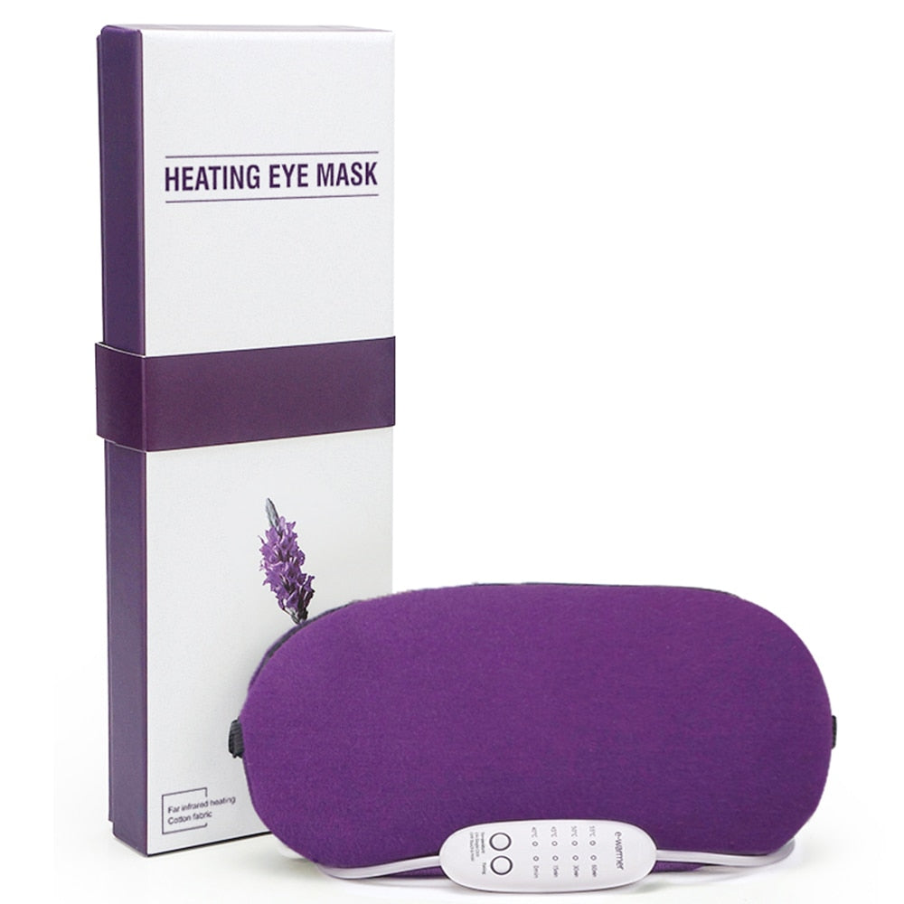 USB Heated Eye Mask designed for dry eyes, featuring adjustable temperature and timer controls, made from soft cotton with lavender aroma.