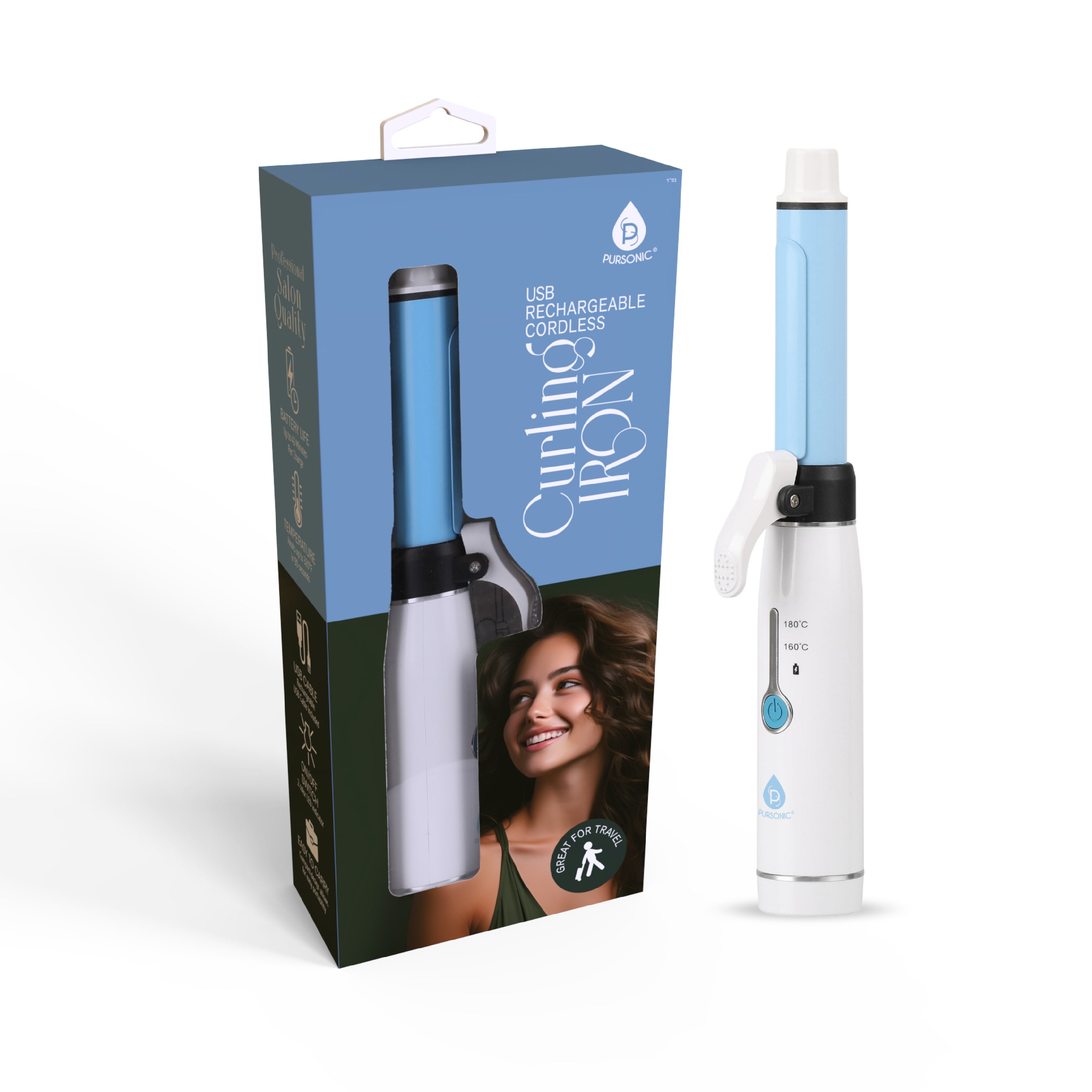 Pursonic USB Rechargeable Cordless Curling Iron with a sleek design, perfect for travel and quick styling.