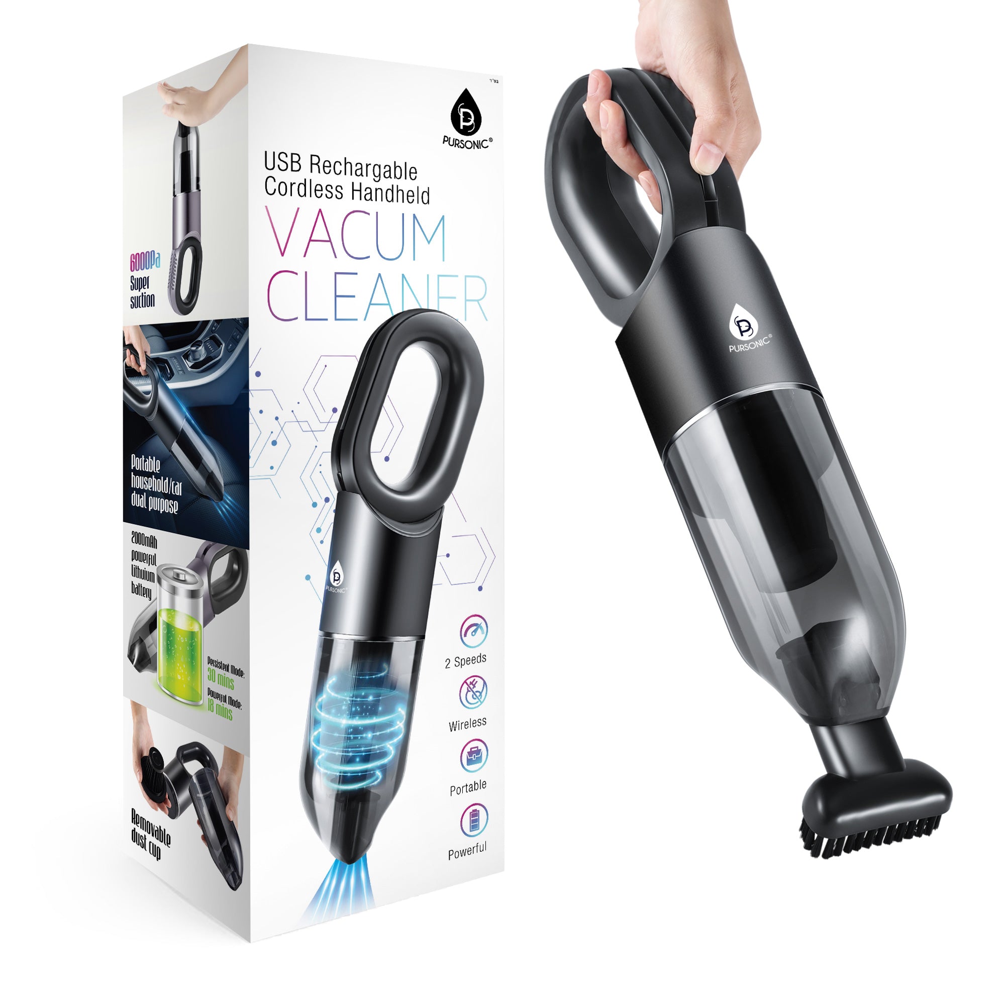 USB rechargeable cordless handheld vacuum cleaner with sleek design and multiple nozzles.