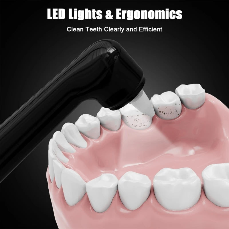 USB rechargeable electric dental tartar remover tooth polisher in white and black, designed for effective teeth cleaning and polishing.